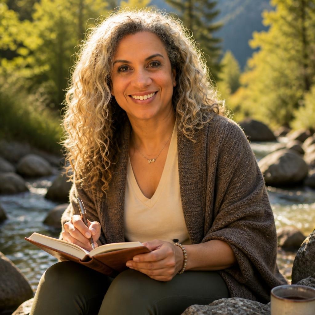 Leonne writing in a journal beside a mountain stream