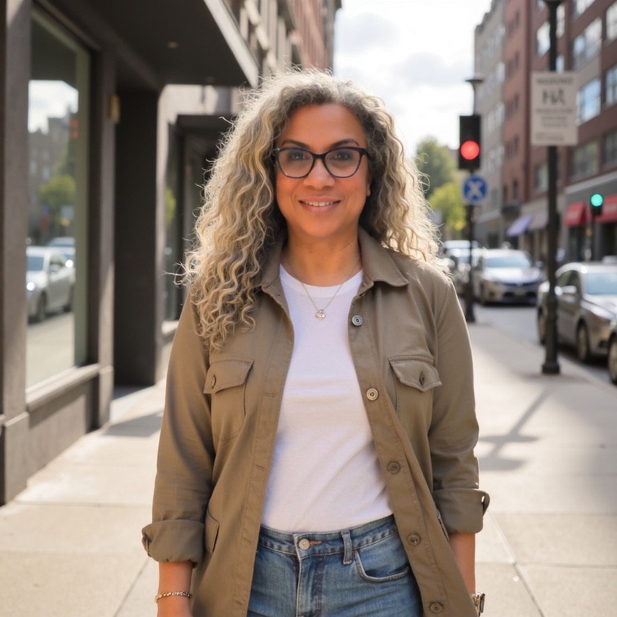 Leonne Sherr on a city sidewalk